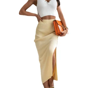 Summer new women's clothing pit stripe ribbed temperament slit button half skirt