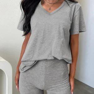 2025 Short sleeved Summer New V-neck Style Casual Solid Color Fashion Set for Women