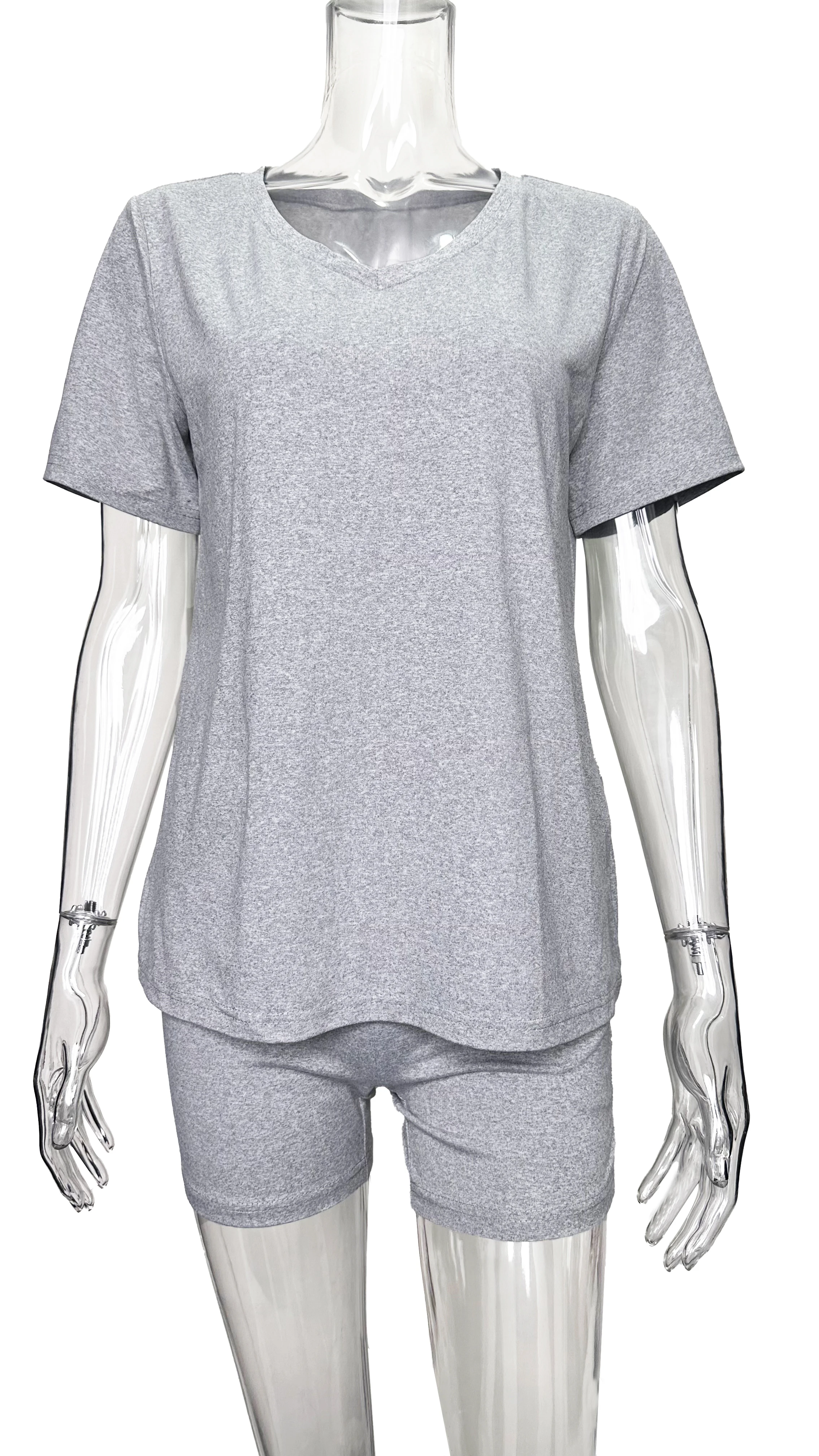 2025 Short sleeved Summer New V-neck Style Casual Solid Color Fashion Set for Women - Image 2